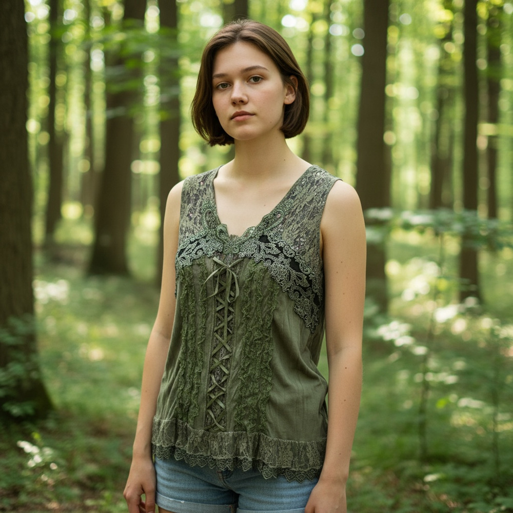 Pretty Angel Silk Blend Forest Fairy Tank Top Large Lace Renaissance Cottage